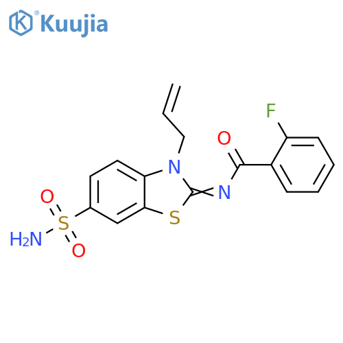 2-fluoro-N-(2Z)-3-(prop-2-en-1-yl)-6-sulfamoyl-2,3-dihydro-1,3-benzothiazol-2-ylidenebenzamide structure