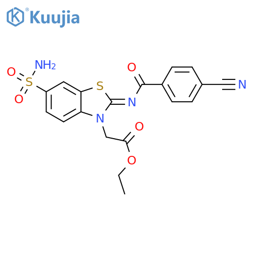 ethyl 2-(2Z)-2-(4-cyanobenzoyl)imino-6-sulfamoyl-2,3-dihydro-1,3-benzothiazol-3-ylacetate structure