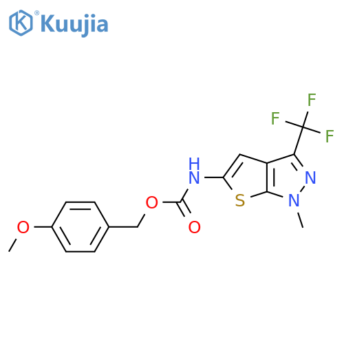 4-methoxybenzyl N-[1-methyl-3-(trifluoromethyl)-1H-thieno[2,3-c]pyrazol-5-yl]carbamate structure