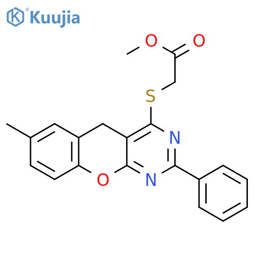 methyl 2-({7-methyl-2-phenyl-5H-chromeno2,3-dpyrimidin-4-yl}sulfanyl)acetate structure