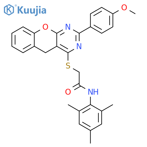 2-{2-(4-methoxyphenyl)-5H-chromeno2,3-dpyrimidin-4-ylsulfanyl}-N-(2,4,6-trimethylphenyl)acetamide structure