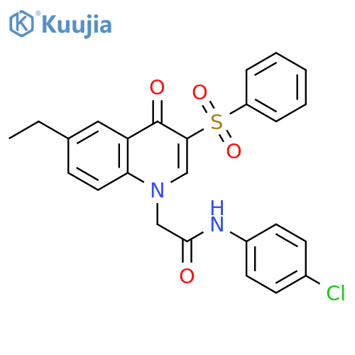 2-3-(benzenesulfonyl)-6-ethyl-4-oxo-1,4-dihydroquinolin-1-yl-N-(4-chlorophenyl)acetamide structure