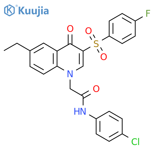 N-(4-chlorophenyl)-2-6-ethyl-3-(4-fluorobenzenesulfonyl)-4-oxo-1,4-dihydroquinolin-1-ylacetamide structure