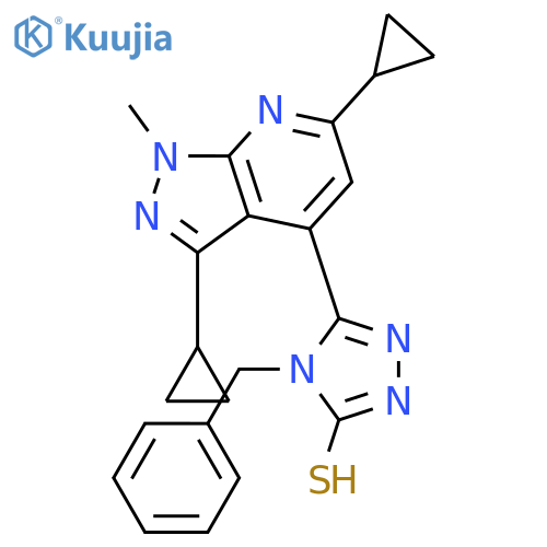 <br>4-Benzyl-5-(3,6-dicyclopropyl-1-methyl-1H-pyrazolo[3,4-b]pyridin-4-yl)-4H-[ 1,2,4]triazole-3-thiol structure