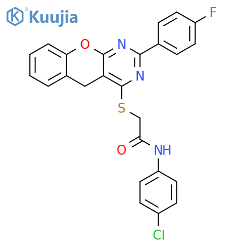 N-(4-chlorophenyl)-2-{2-(4-fluorophenyl)-5H-chromeno2,3-dpyrimidin-4-ylsulfanyl}acetamide structure