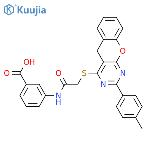 3-[[2-[[2-(4-methylphenyl)-5H-chromeno[2,3-d]pyrimidin-4-yl]sulfanyl]acetyl]amino]benzoic acid structure