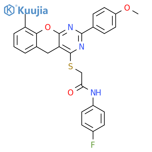 N-(4-fluorophenyl)-2-{2-(4-methoxyphenyl)-9-methyl-5H-chromeno2,3-dpyrimidin-4-ylsulfanyl}acetamide structure