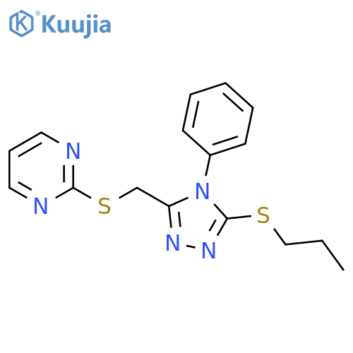 2-({4-phenyl-5-(propylsulfanyl)-4H-1,2,4-triazol-3-ylmethyl}sulfanyl)pyrimidine structure