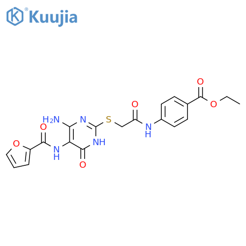 ethyl 4-(2-{4-amino-5-(furan-2-amido)-6-oxo-1,6-dihydropyrimidin-2-ylsulfanyl}acetamido)benzoate structure