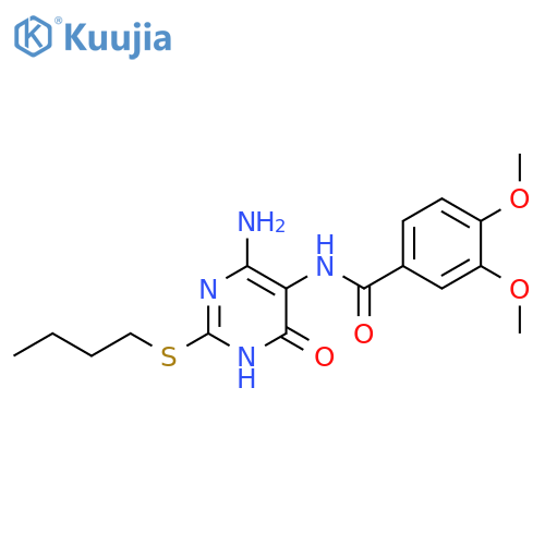 N-4-amino-2-(butylsulfanyl)-6-oxo-1,6-dihydropyrimidin-5-yl-3,4-dimethoxybenzamide structure