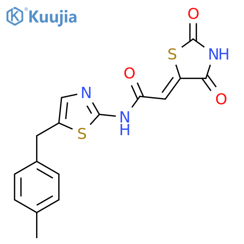2-(5Z)-2,4-dioxo-1,3-thiazolidin-5-ylidene-N-{5-(4-methylphenyl)methyl-1,3-thiazol-2-yl}acetamide structure