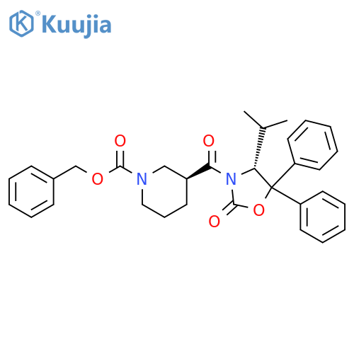 1-Piperidinecarboxylic acid, 3-[[(4R)-4-(1-methylethyl)-2-oxo-5,5-diphenyl-3-oxazolidinyl]carbonyl]-, phenylmethyl ester, (3S)- structure