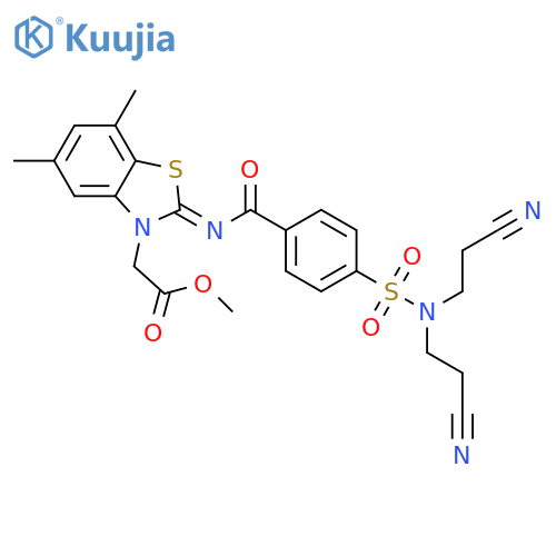 methyl 2-(2Z)-2-({4-bis(2-cyanoethyl)sulfamoylbenzoyl}imino)-5,7-dimethyl-2,3-dihydro-1,3-benzothiazol-3-ylacetate structure