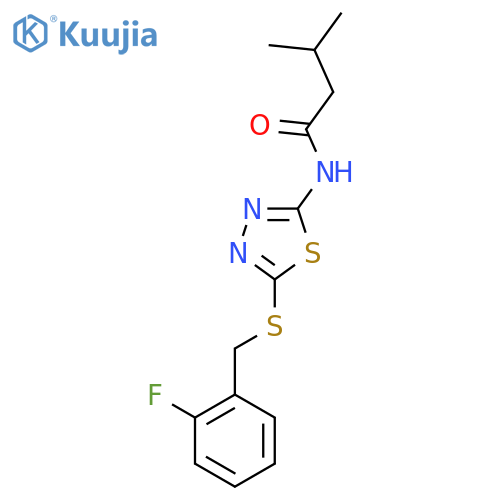 N-(5-{(2-fluorophenyl)methylsulfanyl}-1,3,4-thiadiazol-2-yl)-3-methylbutanamide structure