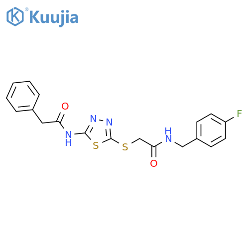 N-(4-fluorophenyl)methyl-2-{5-(2-phenylacetamido)-1,3,4-thiadiazol-2-ylsulfanyl}acetamide structure