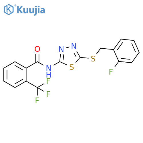 N-(5-{(2-fluorophenyl)methylsulfanyl}-1,3,4-thiadiazol-2-yl)-2-(trifluoromethyl)benzamide structure