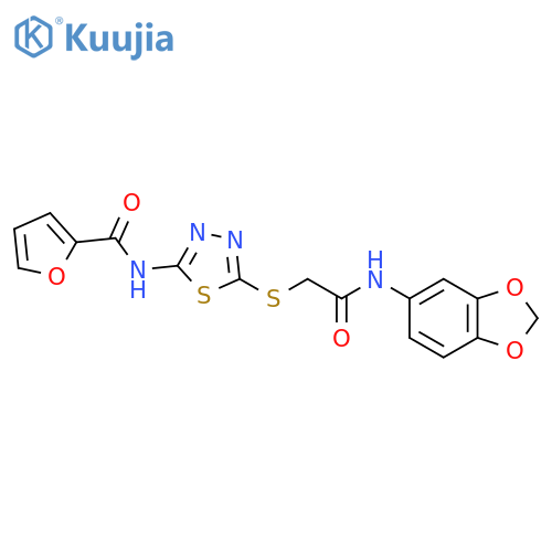 N-5-({(2H-1,3-benzodioxol-5-yl)carbamoylmethyl}sulfanyl)-1,3,4-thiadiazol-2-ylfuran-2-carboxamide structure