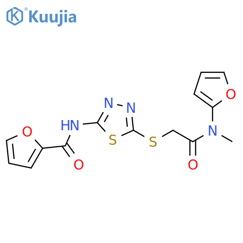 N-{5-({(furan-2-yl)methylcarbamoyl}methyl)sulfanyl-1,3,4-thiadiazol-2-yl}furan-2-carboxamide structure