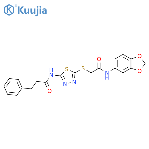 N-5-({(2H-1,3-benzodioxol-5-yl)carbamoylmethyl}sulfanyl)-1,3,4-thiadiazol-2-yl-3-phenylpropanamide structure
