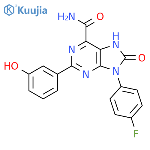 9-(4-fluorophenyl)-2-(3-hydroxyphenyl)-8-oxo-8,9-dihydro-7H-purine-6-carboxamide structure