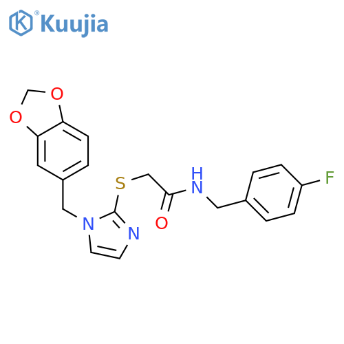 2-({1-(2H-1,3-benzodioxol-5-yl)methyl-1H-imidazol-2-yl}sulfanyl)-N-(4-fluorophenyl)methylacetamide structure