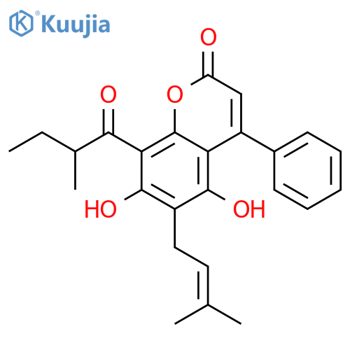 5,7-dihydroxy-6-(3-methyl-but-2-enyl)-8-(2-methyl-butyryl)-4-phenyl-chromen-2-one structure