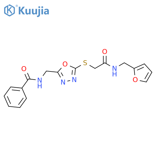 N-({5-({(furan-2-yl)methylcarbamoyl}methyl)sulfanyl-1,3,4-oxadiazol-2-yl}methyl)benzamide structure