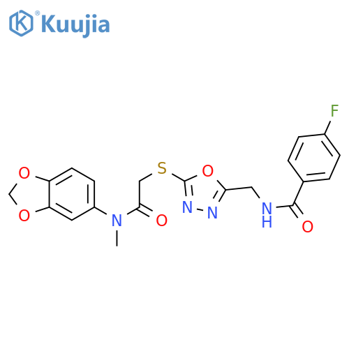 N-({5-({(2H-1,3-benzodioxol-5-yl)methylcarbamoyl}methyl)sulfanyl-1,3,4-oxadiazol-2-yl}methyl)-4-fluorobenzamide structure