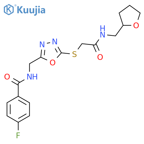 4-fluoro-N-({5-({(oxolan-2-yl)methylcarbamoyl}methyl)sulfanyl-1,3,4-oxadiazol-2-yl}methyl)benzamide structure