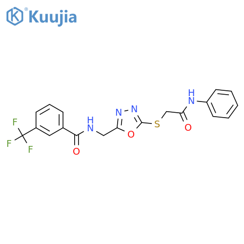 N-(5-{(phenylcarbamoyl)methylsulfanyl}-1,3,4-oxadiazol-2-yl)methyl-3-(trifluoromethyl)benzamide structure