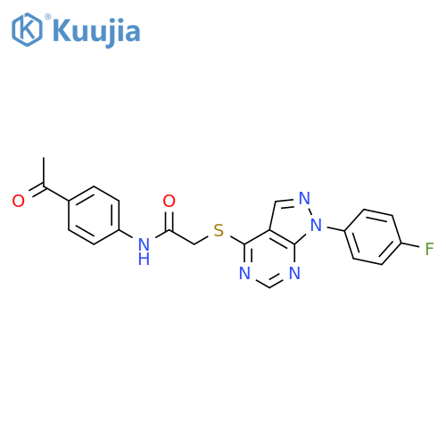 N-(4-acetylphenyl)-2-{1-(4-fluorophenyl)-1H-pyrazolo3,4-dpyrimidin-4-ylsulfanyl}acetamide structure