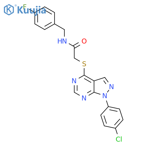 2-{1-(4-chlorophenyl)-1H-pyrazolo3,4-dpyrimidin-4-ylsulfanyl}-N-(4-fluorophenyl)methylacetamide structure