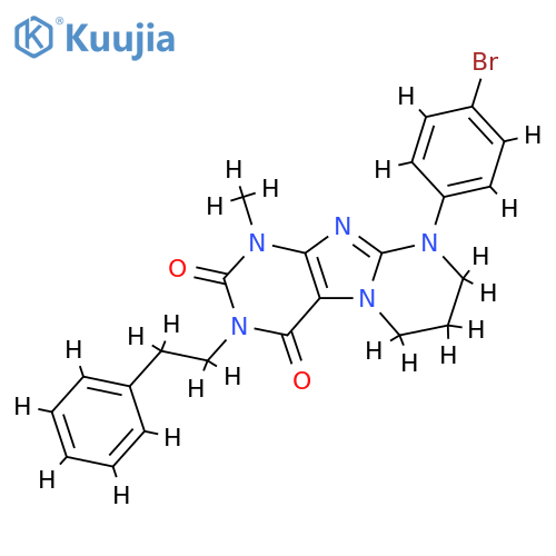 9-(4-bromophenyl)-1-methyl-3-(2-phenylethyl)-1H,2H,3H,4H,6H,7H,8H,9H-pyrimido1,2-gpurine-2,4-dione structure