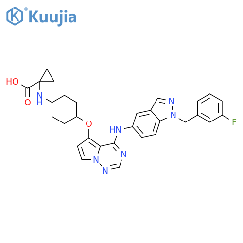 Cyclopropanecarboxylic acid,1-[[cis-4-[[4-[[1-[(3-fluorophenyl)methyl]-1H-indazol-5-yl]amino]pyrrolo[2,1-f][1,2,4]triazin-5-yl]oxy]cyclohexyl]amino]- structure