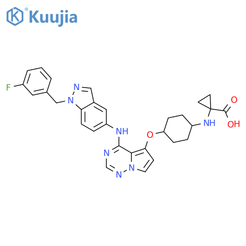 Cyclopropanecarboxylic acid,1-[[trans-4-[[4-[[1-[(3-fluorophenyl)methyl]-1H-indazol-5-yl]amino]pyrrolo[2,1-f][1,2,4]triazin-5-yl]oxy]cyclohexyl]amino]- structure