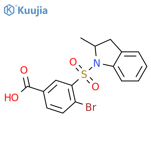 4-bromo-3-(2-methyl-2,3-dihydro-1H-indol-1-yl)sulfonylbenzoic acid structure
