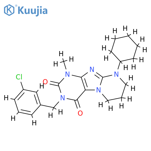 3-(3-chlorophenyl)methyl-9-cyclohexyl-1-methyl-1H,2H,3H,4H,6H,7H,8H,9H-pyrimido1,2-gpurine-2,4-dione structure
