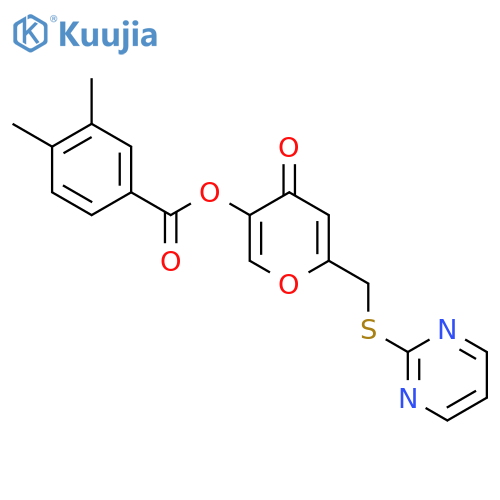 4-oxo-6-(pyrimidin-2-ylsulfanyl)methyl-4H-pyran-3-yl 3,4-dimethylbenzoate structure