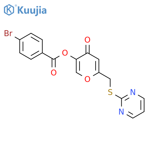 4-oxo-6-(pyrimidin-2-ylsulfanyl)methyl-4H-pyran-3-yl 4-bromobenzoate structure