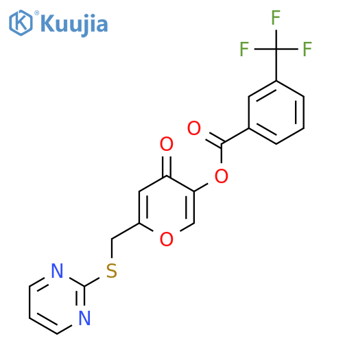 4-oxo-6-(pyrimidin-2-ylsulfanyl)methyl-4H-pyran-3-yl 3-(trifluoromethyl)benzoate structure