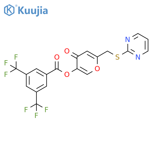 4-oxo-6-(pyrimidin-2-ylsulfanyl)methyl-4H-pyran-3-yl 3,5-bis(trifluoromethyl)benzoate structure