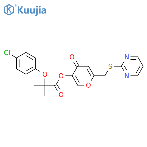 4-oxo-6-(pyrimidin-2-ylsulfanyl)methyl-4H-pyran-3-yl 2-(4-chlorophenoxy)-2-methylpropanoate structure