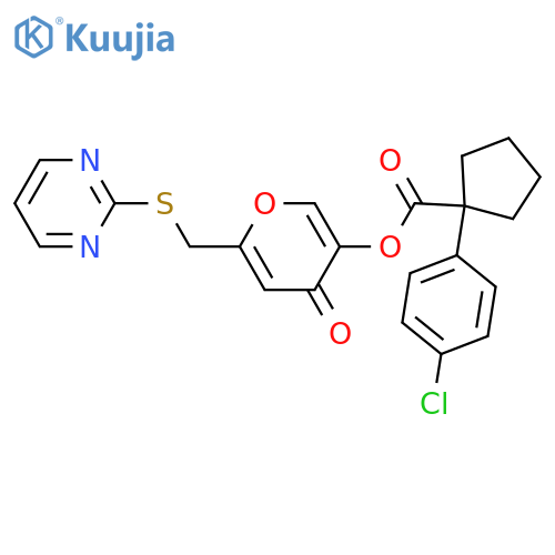 4-oxo-6-(pyrimidin-2-ylsulfanyl)methyl-4H-pyran-3-yl 1-(4-chlorophenyl)cyclopentane-1-carboxylate structure