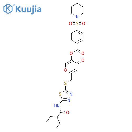 6-({5-(2-ethylbutanamido)-1,3,4-thiadiazol-2-ylsulfanyl}methyl)-4-oxo-4H-pyran-3-yl 4-(piperidine-1-sulfonyl)benzoate structure