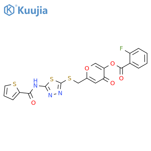 4-oxo-6-({5-(thiophene-2-amido)-1,3,4-thiadiazol-2-ylsulfanyl}methyl)-4H-pyran-3-yl 2-fluorobenzoate structure