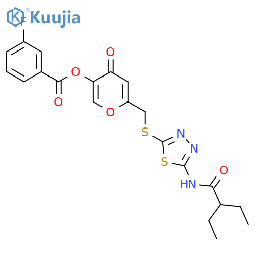 6-({5-(2-ethylbutanamido)-1,3,4-thiadiazol-2-ylsulfanyl}methyl)-4-oxo-4H-pyran-3-yl 3-fluorobenzoate structure