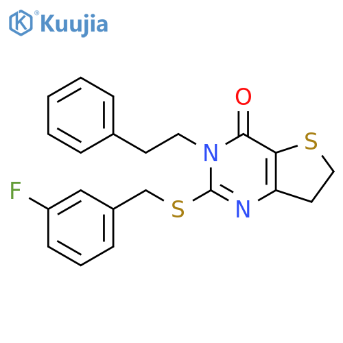 2-{(3-fluorophenyl)methylsulfanyl}-3-(2-phenylethyl)-3H,4H,6H,7H-thieno3,2-dpyrimidin-4-one structure