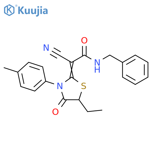 (2E)-N-benzyl-2-cyano-2-[5-ethyl-3-(4-methylphenyl)-4-oxo-1,3-thiazolidin-2-ylidene]acetamide structure