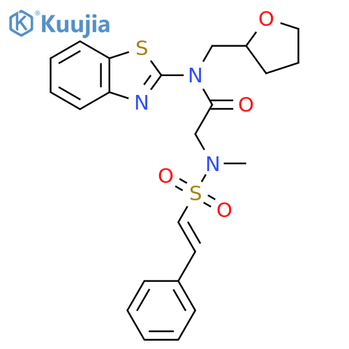 N-(1,3-benzothiazol-2-yl)-2-(N-methyl-2-phenylethenesulfonamido)-N-[(oxolan-2-yl)methyl]acetamide structure