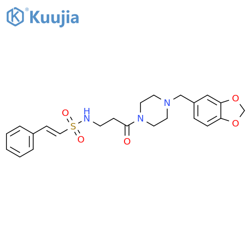 N-(3-{4-[(1,3-dioxaindan-5-yl)methyl]piperazin-1-yl}-3-oxopropyl)-2-phenylethene-1-sulfonamide structure